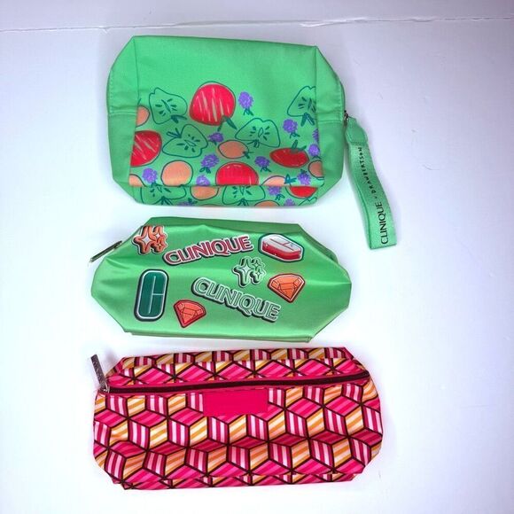 Set of (3) Clinique Makeup Bags – Bright Prints & Zip Closure Travel Cosmetic Po - Picture 2 of 7